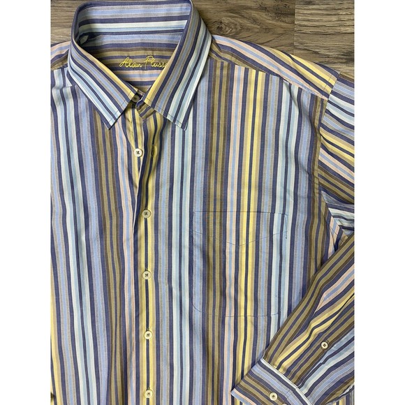 Alan Flusser Button Down Men's Size Large Striped Dress Shirt Blue Yellow - Picture 2 of 9
